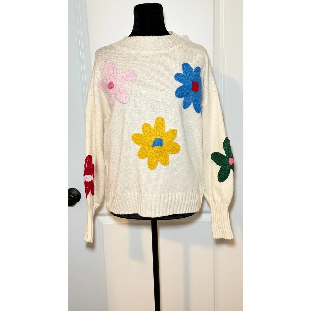 NEW! Petal + Pup Floral Applique Knit Sweater Cream Wool Blend Womens S/ M